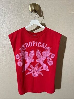 Farm Rio Tropical Muscle Tee Womens M Red Graphic Pullover Sleeveless Cotton